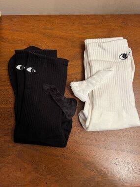 Ribbed Bat Socks with Playful Plush Ear Accent - Black & White - Get Both